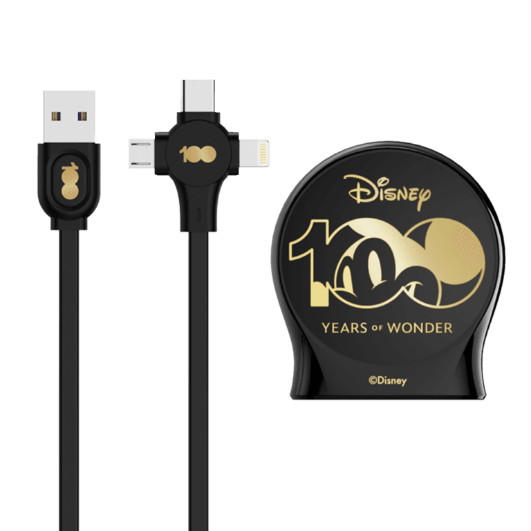 Выдвижной зарядный кабель Дисней Юбилейный, USB - Type-C, Micro USB, Lightning (чёрный)