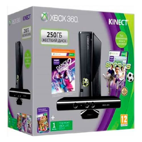 Microsoft Xbox 360 Slim 250Gb + сенсор Kinect + игра Kinect Adventures + игра Kinect Sport + код для загрузки Dance Central 2 + 1 месяц Live Gold