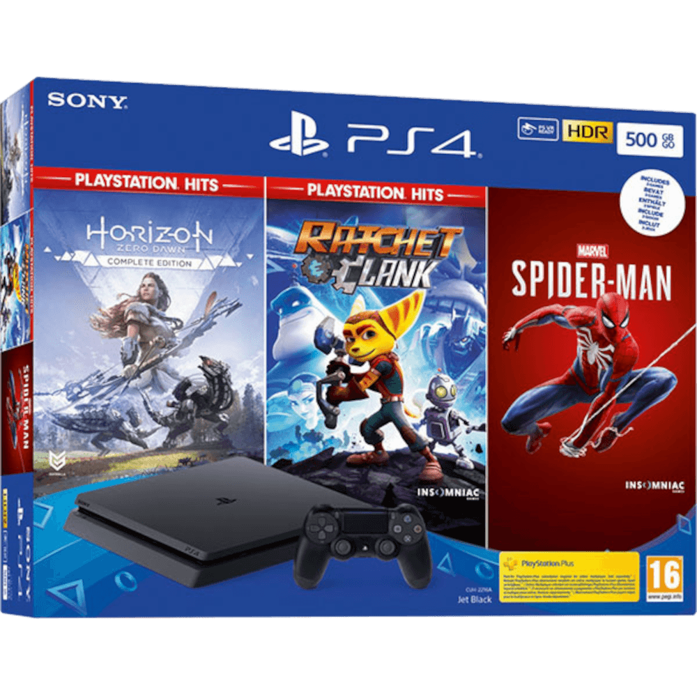 Sony PlayStation 4 Slim 500GB, черная (CUH-2216A) + Horizon Zero Dawn + Spider-Man + Ratchet & Clank