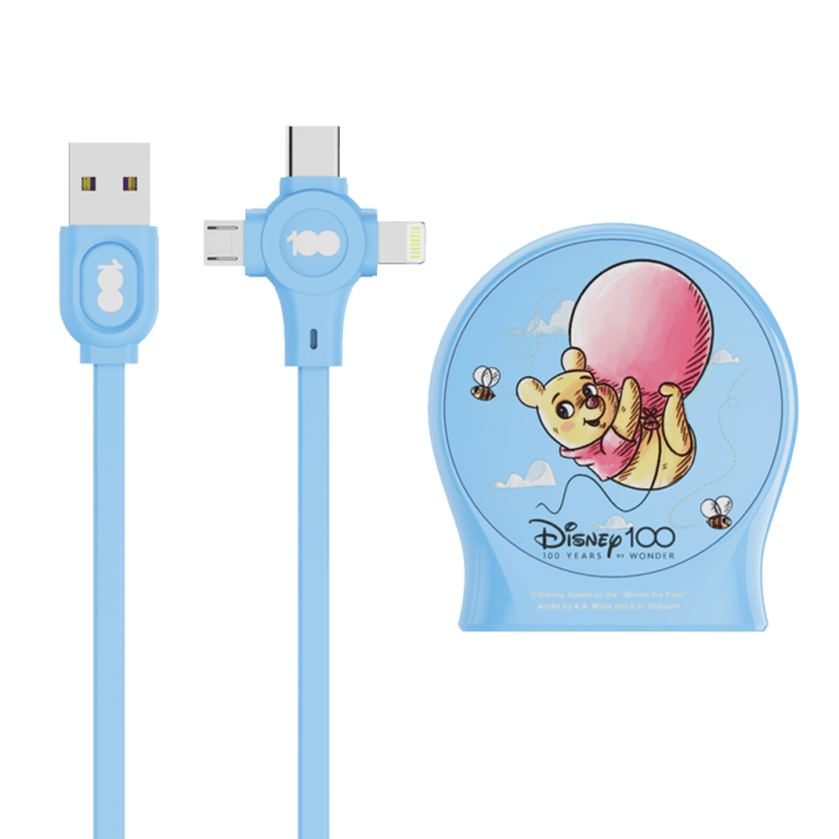 Выдвижной зарядный кабель Дисней Винни-Пух, USB - Type-C, Micro USB, Lightning (голубой)