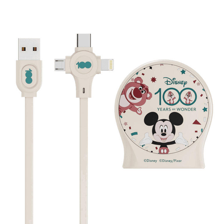 Выдвижной зарядный кабель Дисней Микки Маус, USB - Type-C, Micro USB, Lightning (бежевый)