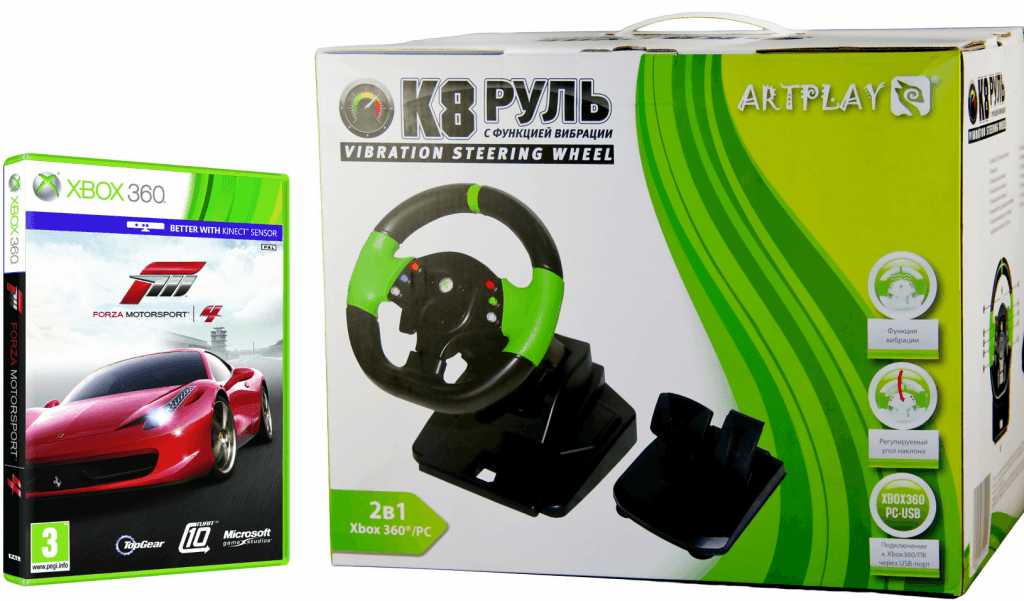 Руль проводной с педалями для PC/X360 Artplays K8 Vibration + игра Forza Motosport 4