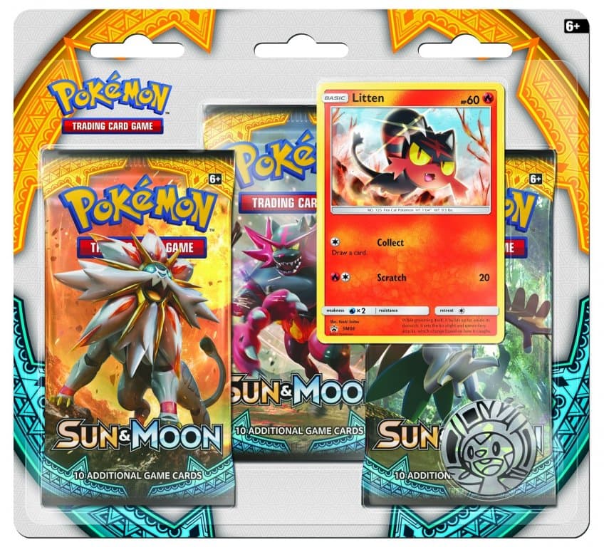 Pokemon Sun & Moon. Набор 3 бустера + Промо-карта Литтен + Монета