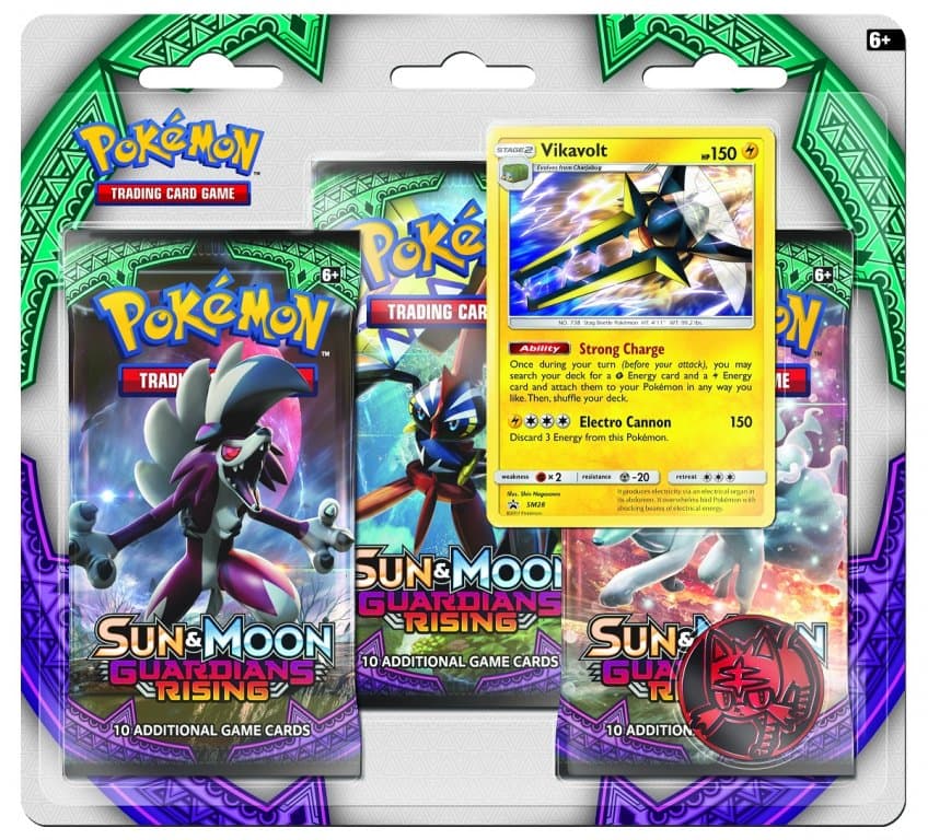 Pokemon Sun & Moon Guardians Rising. Набор 3 бустера + Промо-карта Vikavolt+ Монета