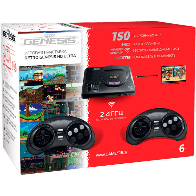 Приставка 16 bit Retro Genesis HD Ultra 150 игр (2 беспроводных 2.4ГГц джойстика, HDMI кабель)