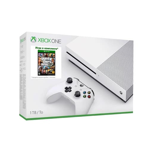 Microsoft Xbox One S 1TB, белая (РОСТЕСТ) + GTA 5 (комплект)