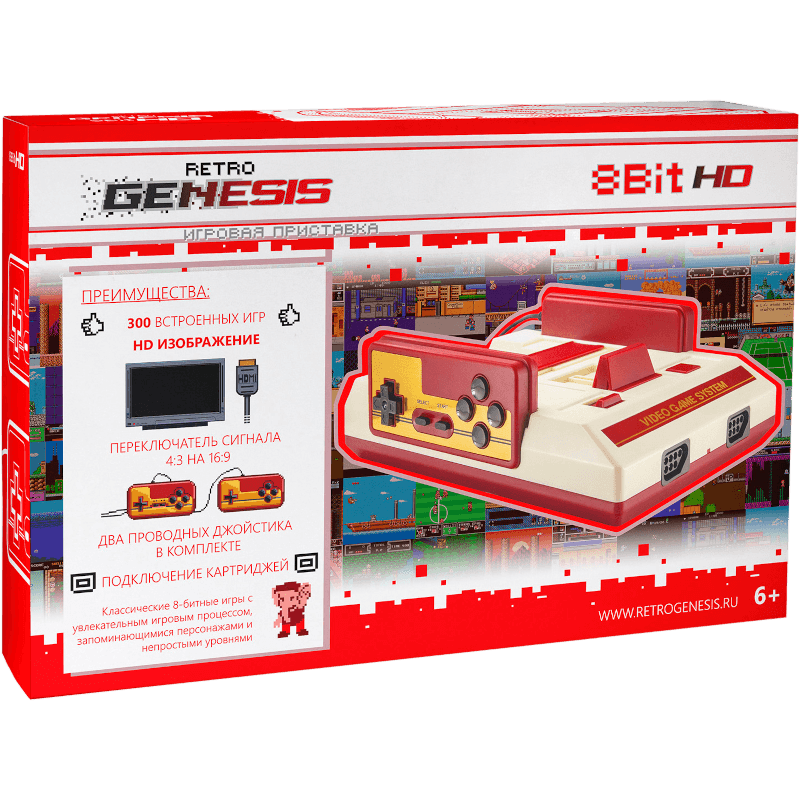 Retro Genesis 8 Bit HD + 300 игр (HDMI кабель, 2 проводных джойстика)