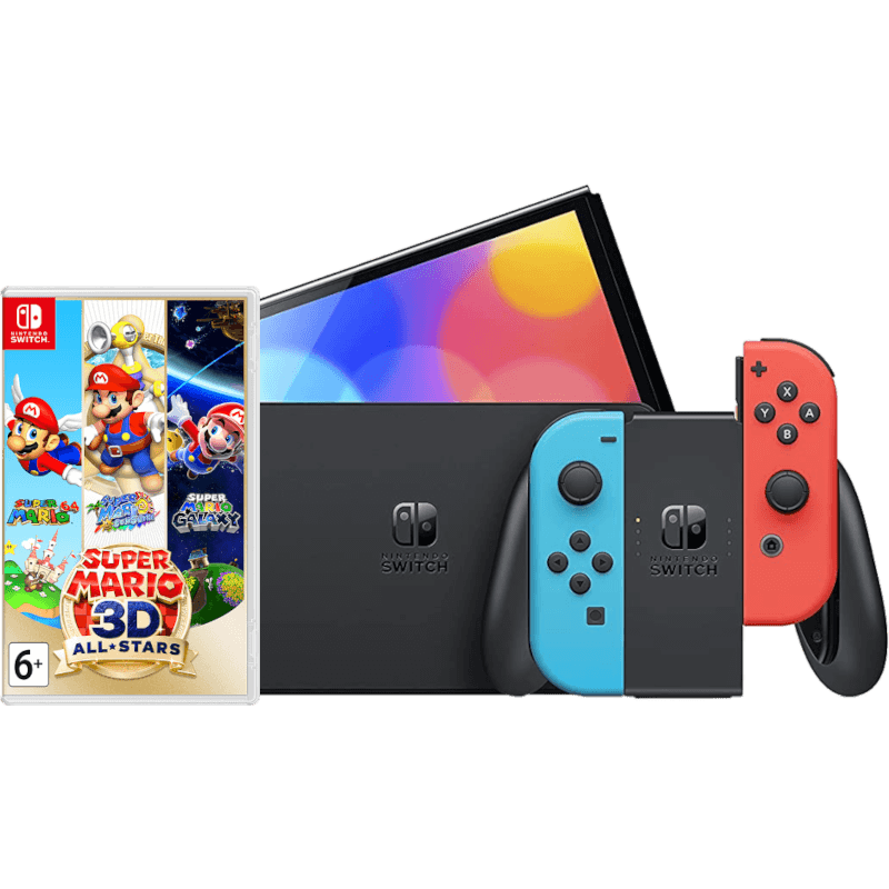 Nintendo Switch - OLED-модель (неоновая синяя/неоновая красная) + Super Mario 3D All-Stars