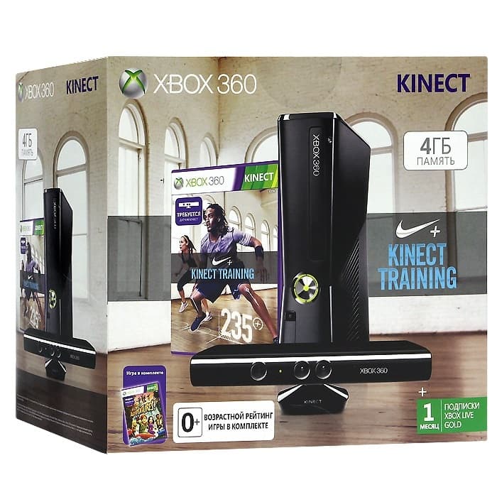 Microsoft Xbox 360 Slim 4Gb (РОСТЕСТ) + сенсор Kinect + игра Kinect Adventures + игра Nike + Kinect Training