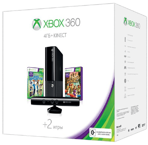 Microsoft Xbox 360 E 4Гб + сенсор Kinect + Kinect Adventures + Kinect Sports 2 (мятая упаковка)