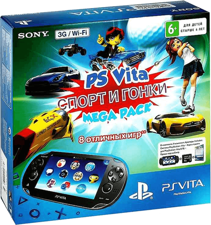 Sony PlayStation Vita 3G / Wi-Fi Black Rus (1008) + Mega Pack Sport & Racing + Карта памяти 16 Гб
