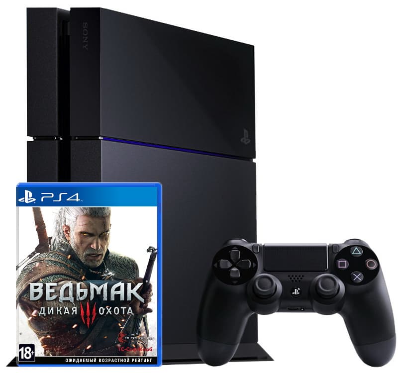 Sony PlayStation 4 500Гб РОСТЕСТ, черная (PS4 RUS) + Ведьмак 3: Дикая Охота