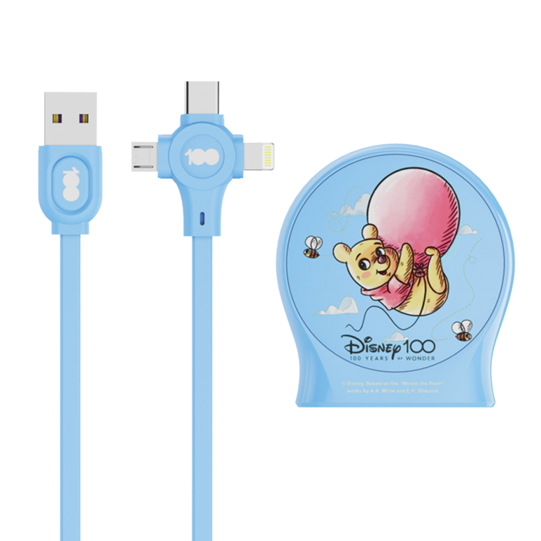 Выдвижной зарядный кабель Дисней Винни-Пух, USB - Type-C, Micro USB, Lightning (голубой)