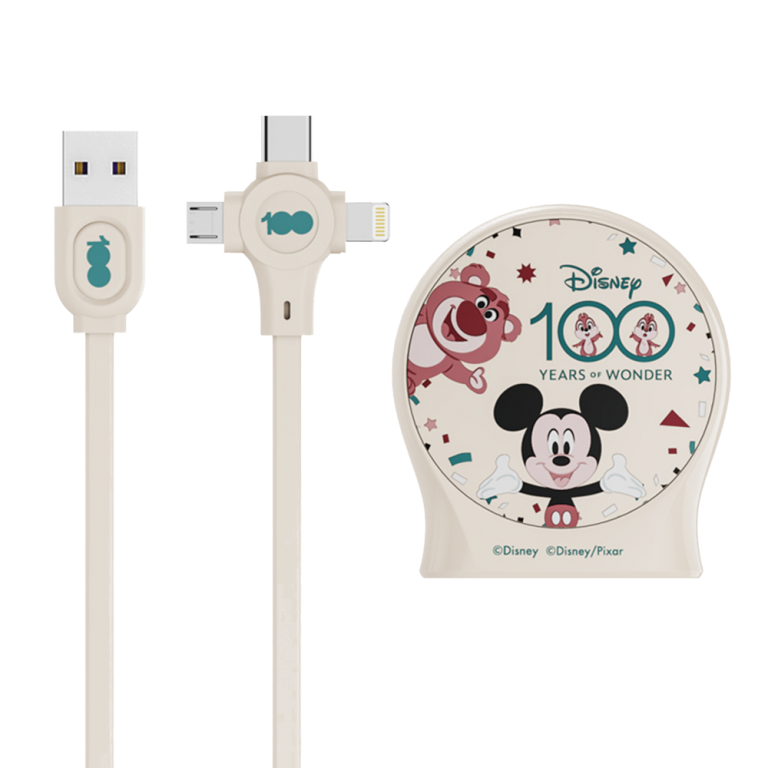 Выдвижной зарядный кабель Дисней Микки Маус, USB - Type-C, Micro USB, Lightning (бежевый)