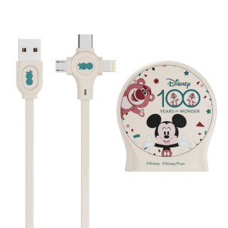 Диск Выдвижной зарядный кабель Дисней Микки Маус, USB - Type-C, Micro USB, Lightning (бежевый)