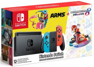 Диск Nintendo Switch (неоновый красный/неоновый синий) + Mario Kart 8 Deluxe + Arms