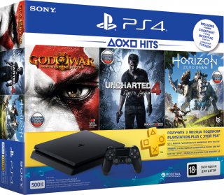Диск Sony PlayStation 4 Slim 500 ГБ POCTECT черная (CUH-2108A)  + 3 игры: Horizon + Uncharted 4 + God of War + 3 месяца PlayStation Plus