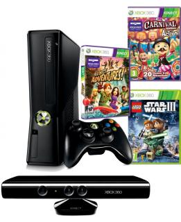 Диск Microsoft Xbox 360 Slim 320Gb (РОСТЕСТ) + сенсор Kinect + три игры (Kinect Adventures, Carnival Games и Lego Star Wars)