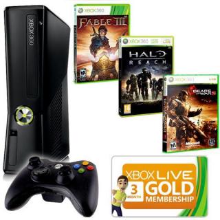 Диск Microsoft Xbox 360 Slim 250Gb (РОСТЕСТ) + игра Gears of War 2 + игра Fable 3 + игра Halo Reach + 3 месяца Live Gold