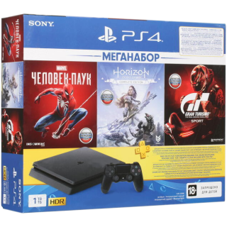 Диск Sony PlayStation 4 Slim 1TB POCTECT, черная (CUH-2208B) + игра Gran Turismo + игра Horizon Zero Dawn + игра Marvel Человек-паук + PS Plus 3 месяца