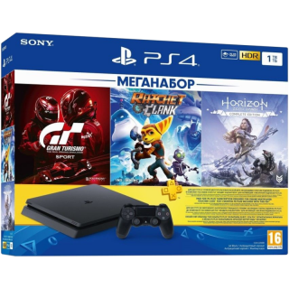 Диск Sony PlayStation 4 Slim 1TB, (CUH-2208B) + Horizon Zero Dawn: Complete Edition + Gran Turismo Sport + Ratchet and Clank