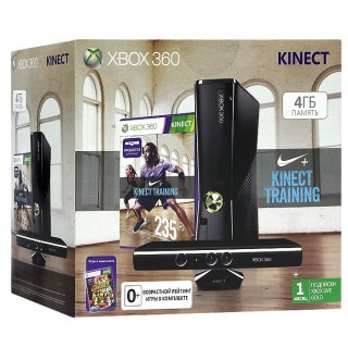 Диск Microsoft Xbox 360 Slim 4Gb (РОСТЕСТ) + сенсор Kinect + игра Kinect Adventures + игра Nike + Kinect Training