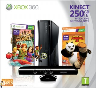 Диск Microsoft Xbox 360 Slim 250Gb + сенсор Kinect + игра Kinect Adventures + игра Кунг-Фу Панда 2 + 3 месяца Live Gold