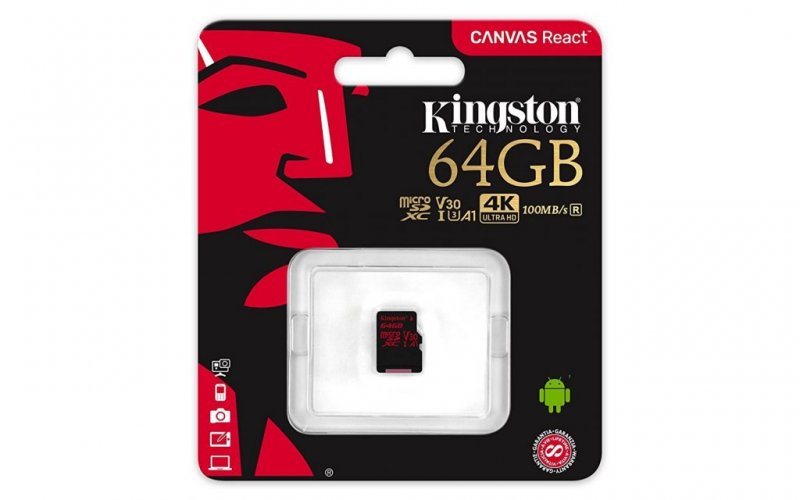 Главное изображение MicroSD 64GB Kingston Canvas React (100/80 Mb/s) без адаптера для Pc