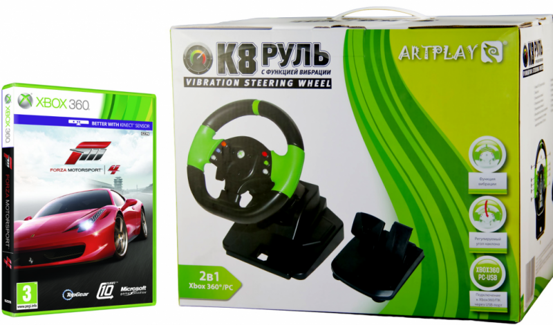Главное изображение Руль проводной с педалями для PC/X360 Artplays K8 Vibration + игра Forza Motosport 4 для Xbox360