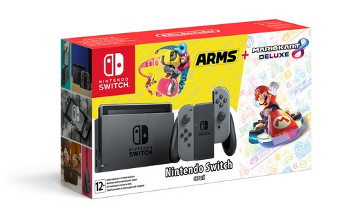 Главное изображение Nintendo Switch (серый) + Mario Kart 8 Deluxe + Arms <small>(Switch)</small>