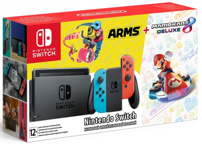 Главное изображение Nintendo Switch (неоновый красный/неоновый синий) + Mario Kart 8 Deluxe + Arms <small>(Switch)</small>