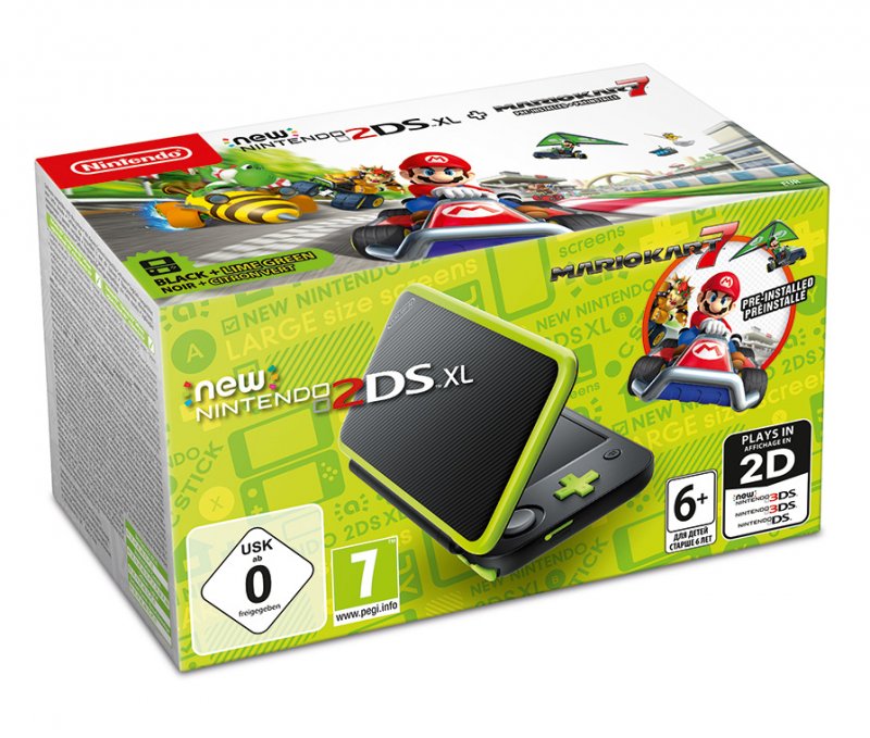 Главное изображение New Nintendo 2DS XL (черный / лаймовый) + игра Mario Kart 7 (код загрузки) <small>(3ds)</small>