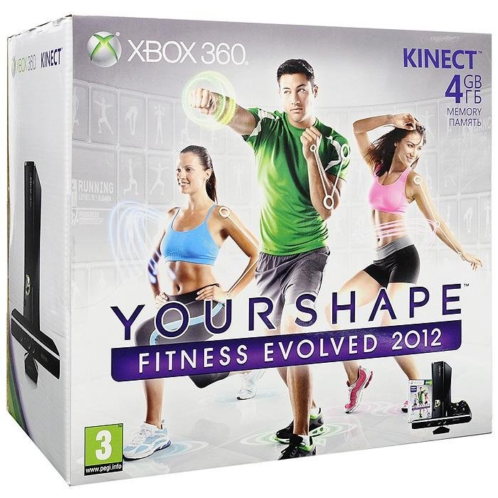 Главное изображение Microsoft Xbox 360 Slim 4Gb (РОСТЕСТ) + сенсор Kinect + игра Kinect Adventures + игра Your Shape 2012 <small>(Xbox360)</small>