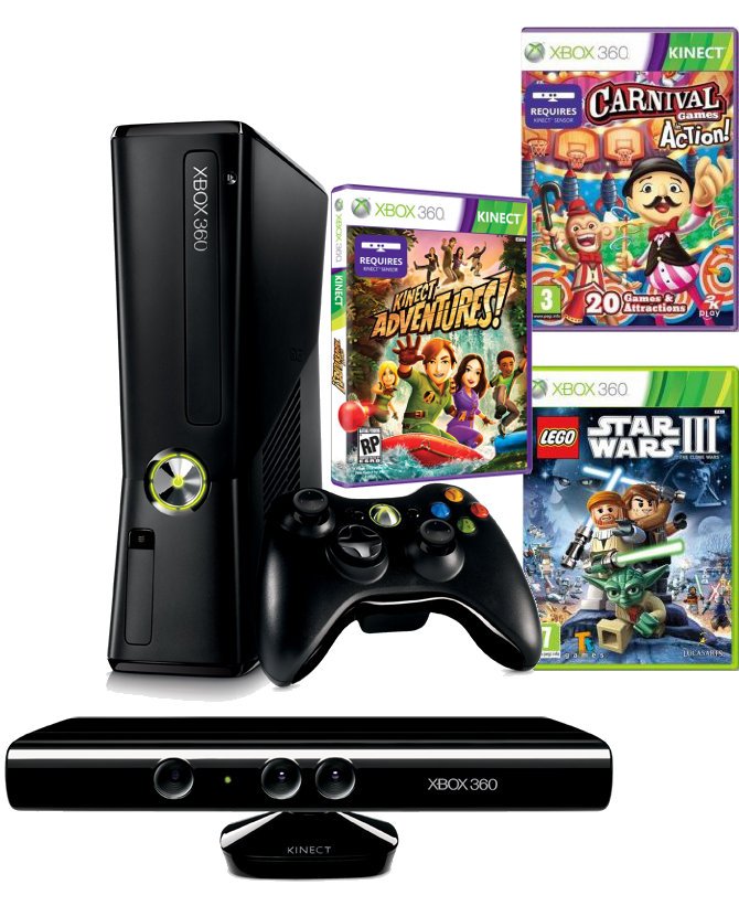 Главное изображение Microsoft Xbox 360 Slim 320Gb (РОСТЕСТ) + сенсор Kinect + три игры (Kinect Adventures, Carnival Games и Lego Star Wars) <small>(Xbox360)</small>
