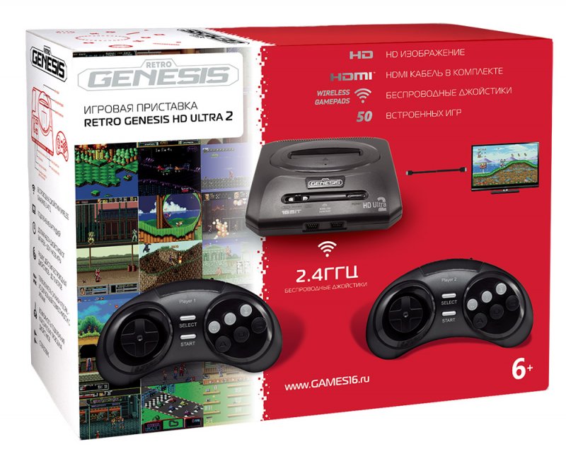 Главное изображение 16bit Retro Genesis HD Ultra 2 + 50 игр (2 беспроводных 2.4ГГц джойстика, HDMI кабель) <small>(Retro)</small>