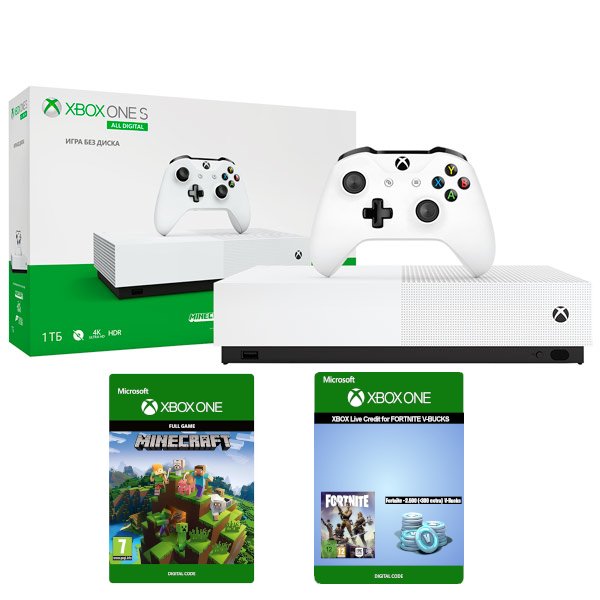 Главное изображение Microsoft Xbox One S All-Digital Edition 1TB (РОСТЕСТ), + Minecraft + Fortnite <small>(Xboxone)</small>