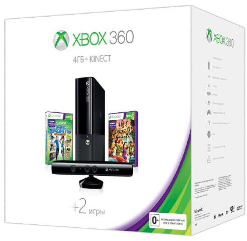 Главное изображение Microsoft Xbox 360 E 4Гб + сенсор Kinect + Kinect Adventures + Kinect Sports 2 (мятая упаковка) <small>(Xbox360)</small>