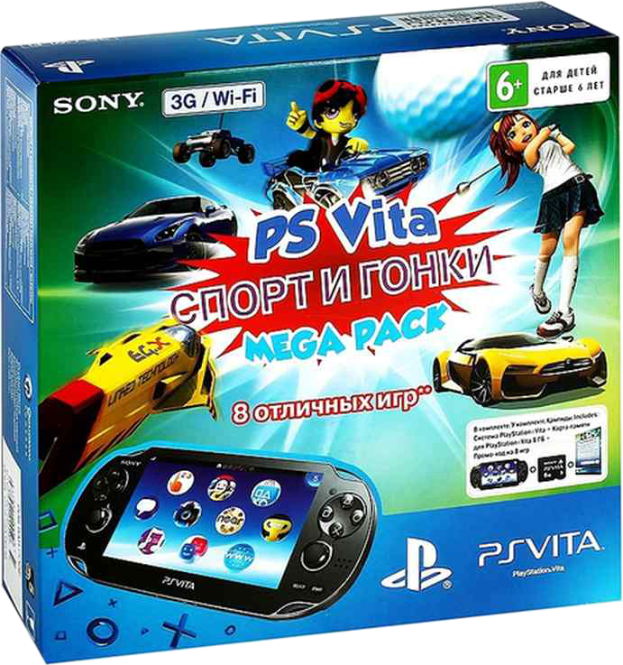 Главное изображение Sony PlayStation Vita 3G / Wi-Fi Black Rus (1008) + Mega Pack Sport & Racing + Карта памяти 16 Гб <small>(Psvita)</small>