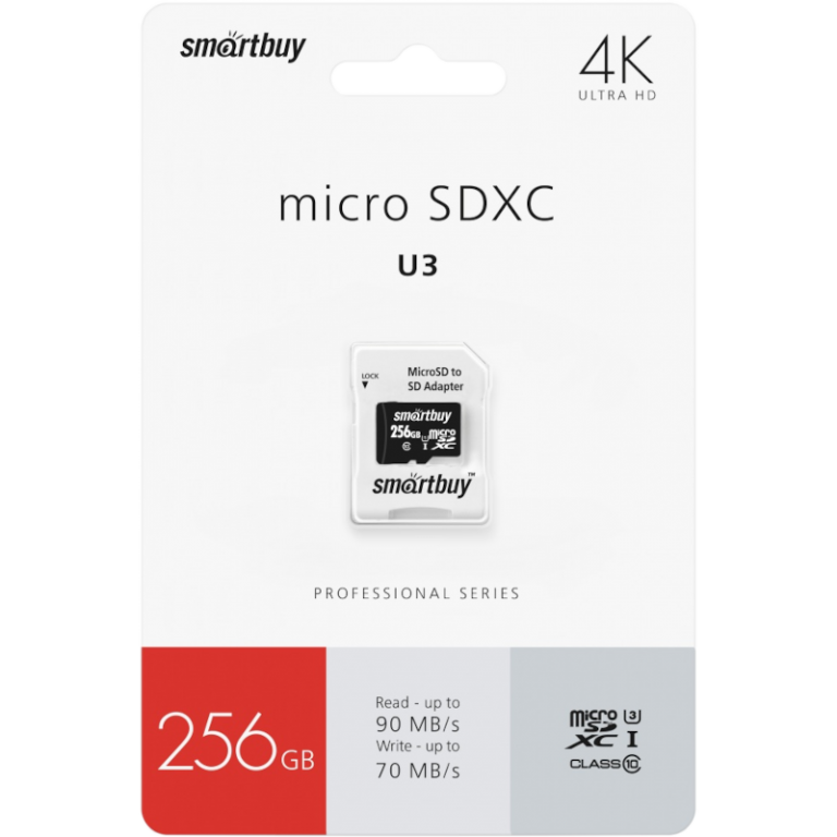 Карта памяти MicroSDXC 256GB Smart Buy Class 10 Pro UHS-I U3 A30 (70/90 Mb/s) + SD адаптер