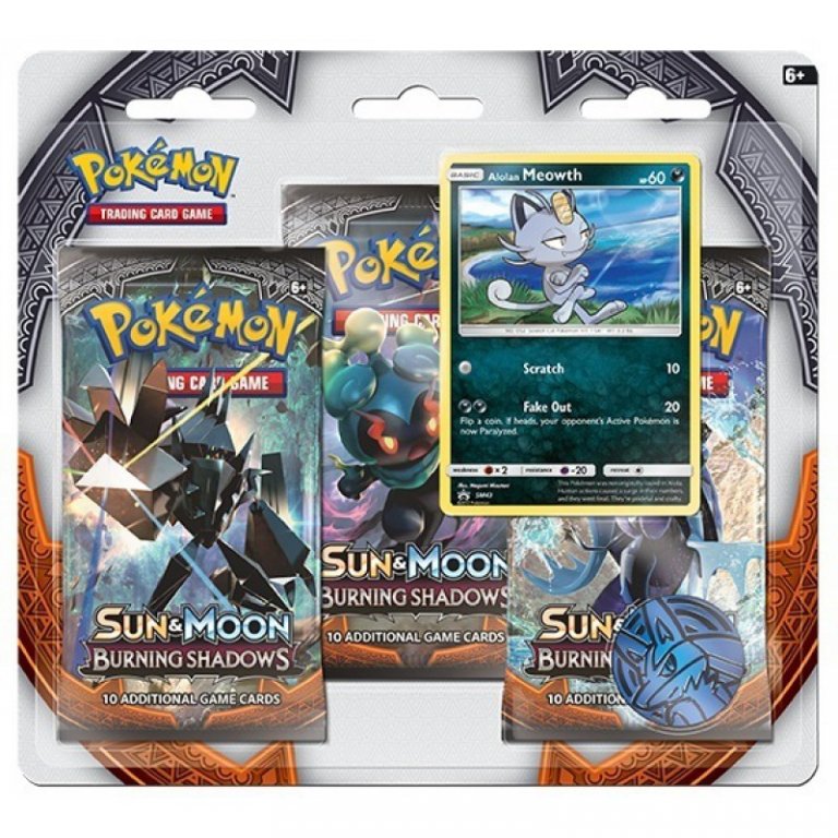 Pokémon Sun & Moon Burning Shadows. Набор 3 бустера + Промо-карта Мяут региона Алола + Монета