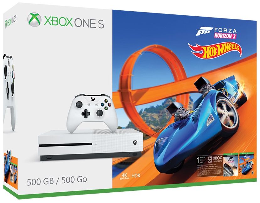 Microsoft Xbox One S 500 GB, белый + игра Forza Horizon 3 (код для скачивания) + дополнение Hot Wheels (код для скачивания)