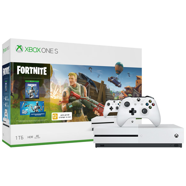 Microsoft Xbox One S 1TB, белый + Fortnite (Легендарный расширенный косметический набор + 2000 V-баксов)