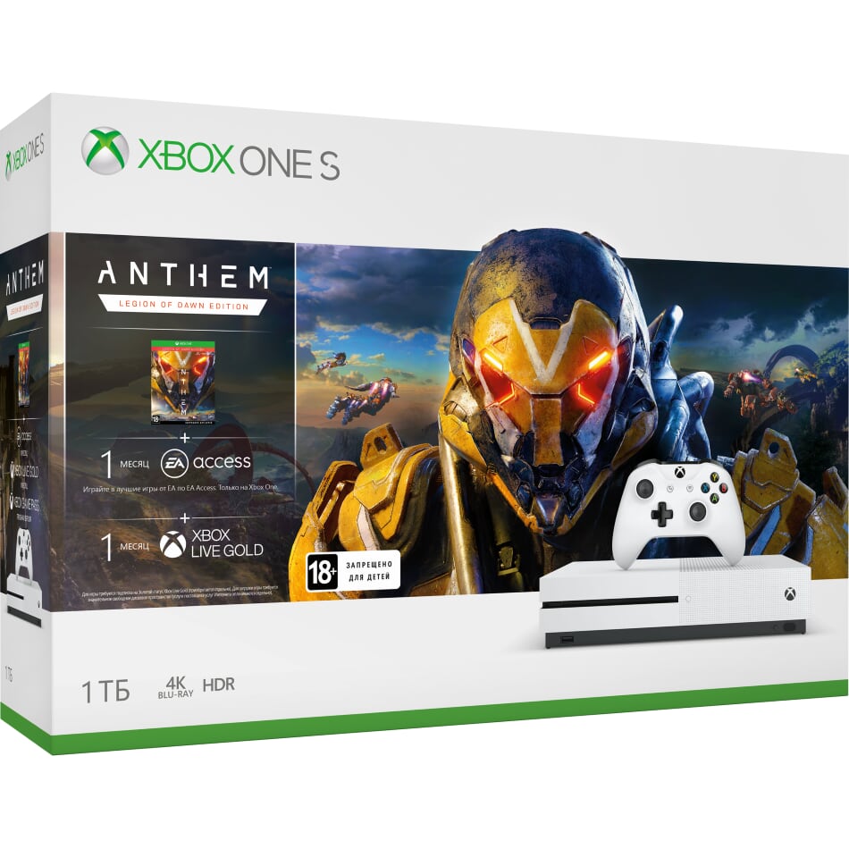 Microsoft Xbox One S 1TB, белый (Ростест) + Anthem