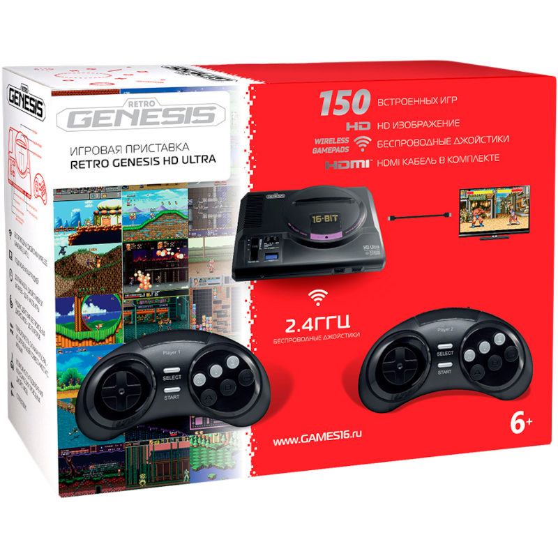 Приставка 16 bit Retro Genesis HD Ultra 150 игр (2 беспроводных 2.4ГГц джойстика, HDMI кабель)
