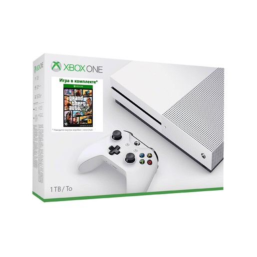 Microsoft Xbox One S 1TB, белая (РОСТЕСТ) + GTA 5 (комплект)