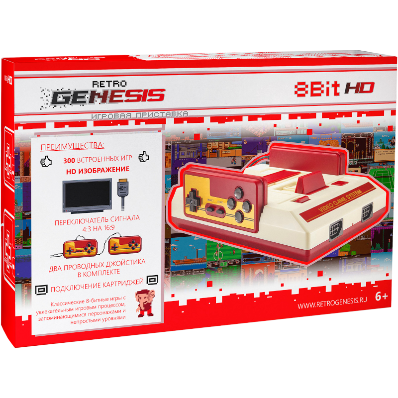 Retro Genesis 8 Bit HD + 300 игр (HDMI кабель, 2 проводных джойстика)