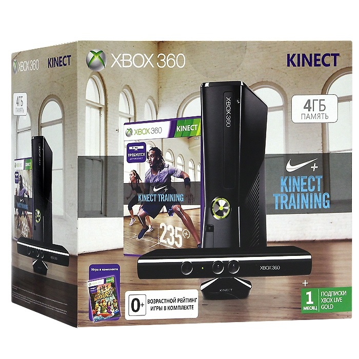 Microsoft Xbox 360 Slim 4Gb (РОСТЕСТ) + сенсор Kinect + игра Kinect Adventures + игра Nike + Kinect Training